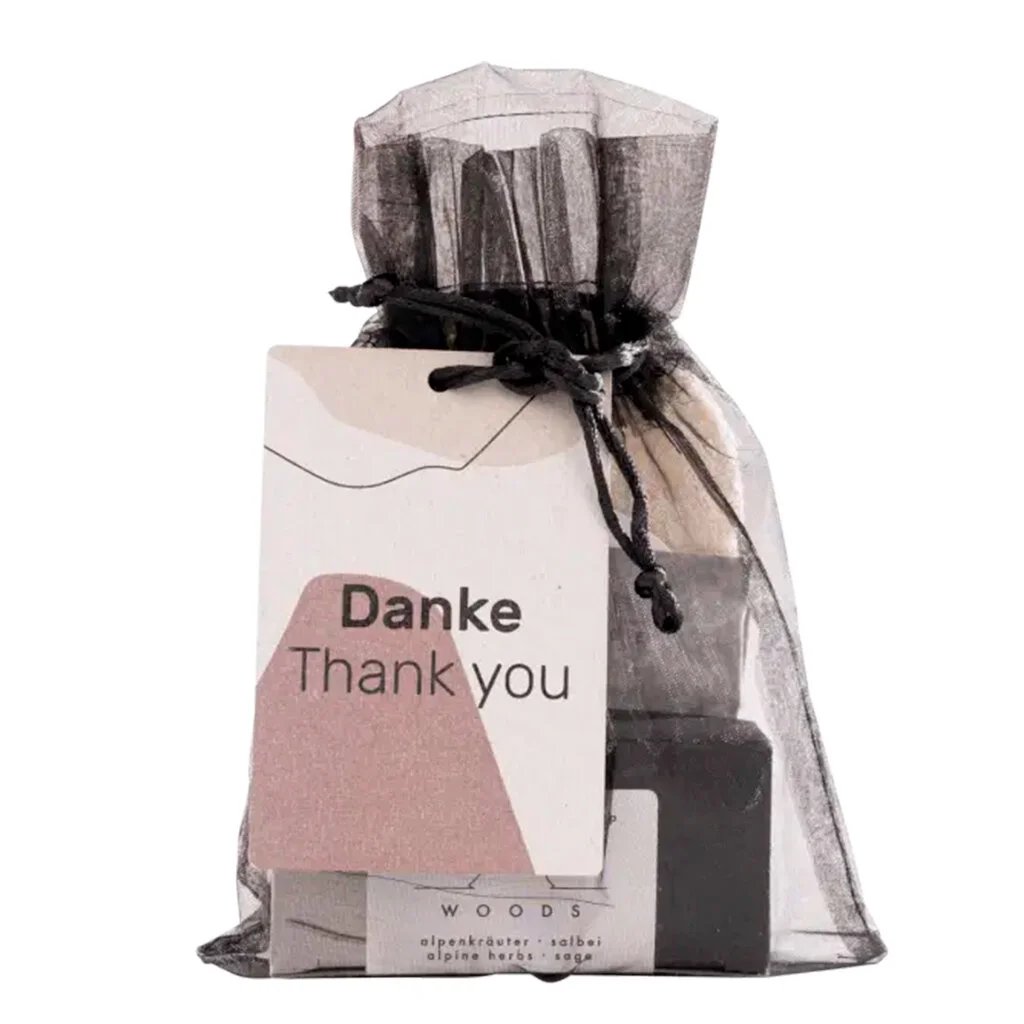 Naturseifen Geschenk-Set mit Seifenablage aus Luffa, Woods - Alpenkräuter & Salbei